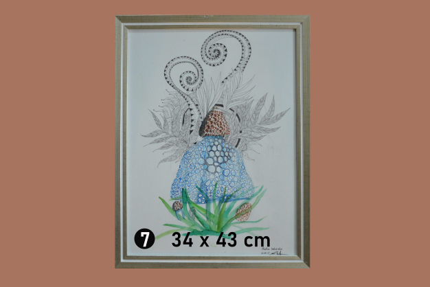 Colorierte Handzeichnung eines Pilzes aus dem Regenwald.
