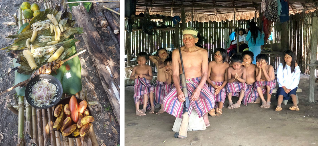 Links: Traditionelles Essen der Achuar in Ecuador. Rechts: Dorfältester Achuar mit Enkeln und Urenkeln.