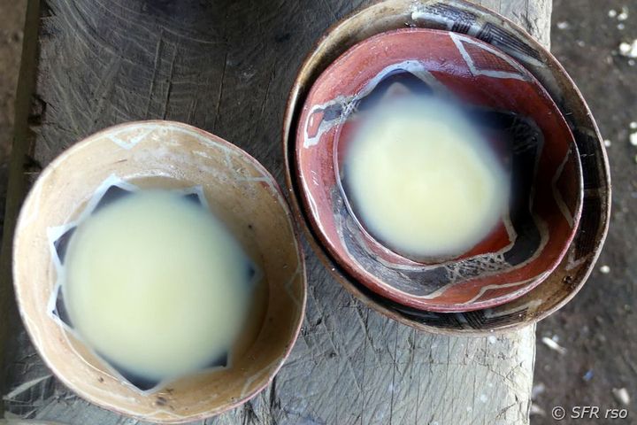 Zwei Schalen mit Chicha, ein typisches Getränk der Achuar.