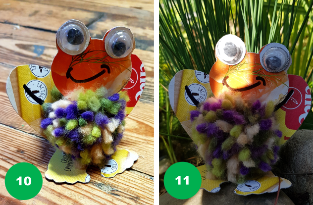 Fertiger Frosch aus Altkarton und Wollresten.