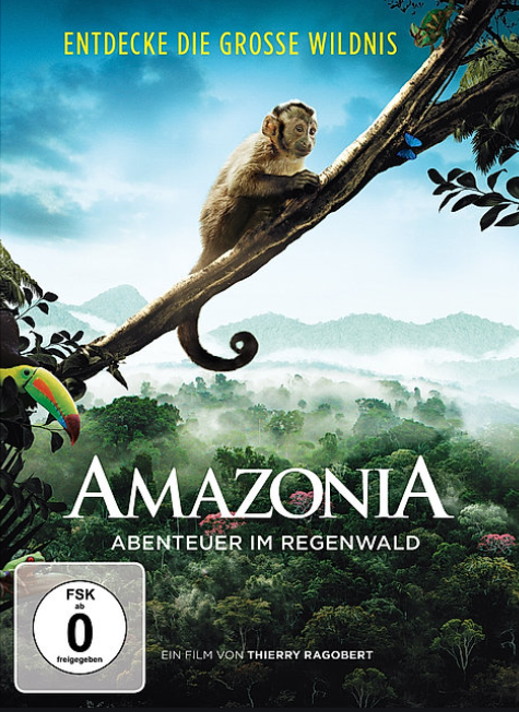 Filmcover des Films "Amazonia - Abenteuer im Regenwald" mit dem kleinen Äffchen als Hauptdarsteller.